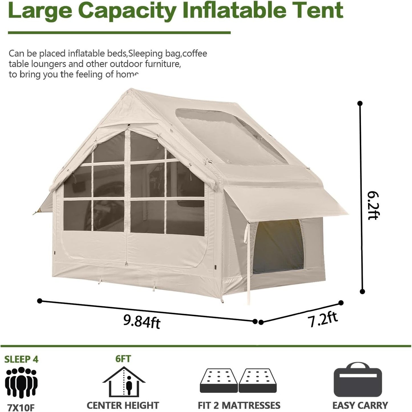 6-Person Inflatable Camping Tent, Easy Setup, Rainfly & Mosquito Screen, 4-Season