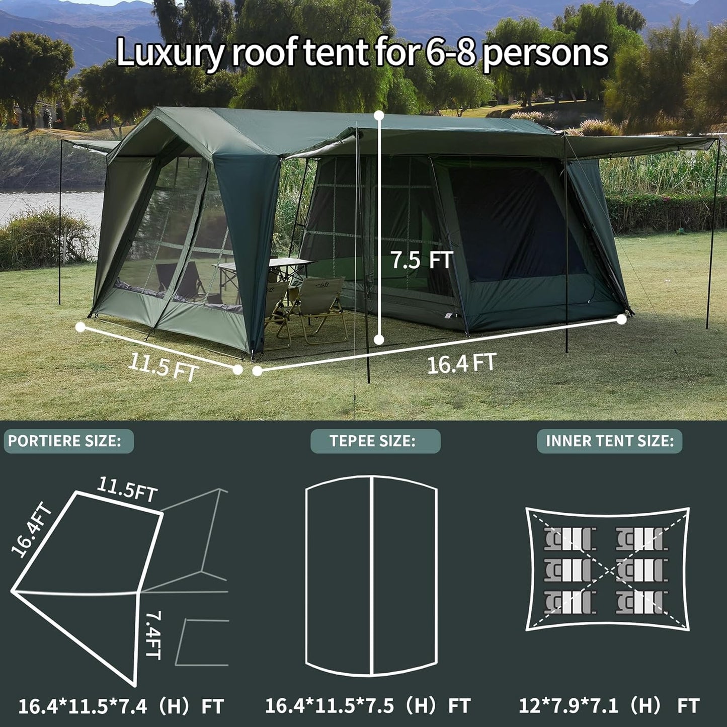 16.4 × 11.5 Ft Large Screen House Tent with Waterproof Sunshade Roof