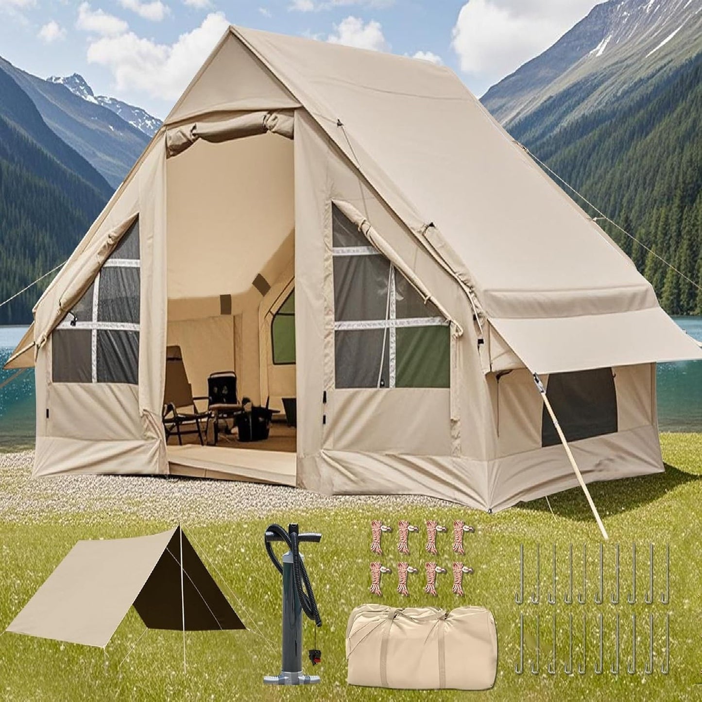 4 Person Inflatable Glamping Tent – All-Season Air Tent with Rainfly
